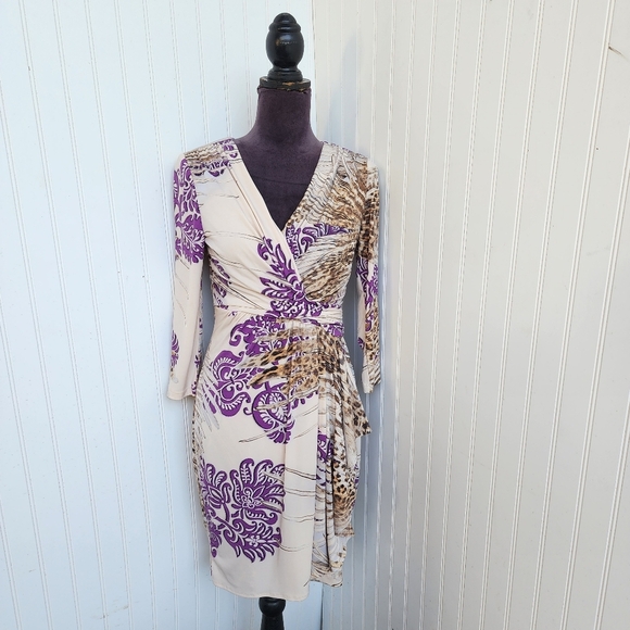 Boston Proper Dress Paisley Leopard Floral Purple Tan Stretch Faux Wrap Zip 6 - Picture 1 of 15